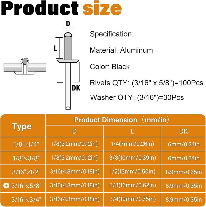 JTAREA 130pcs 3/16" x 5/8" Black Aluminum Pop Rivets with Stainless Steel Washers 4.8 x 16mm Blind Rivet Assortment Kit - Image 2
